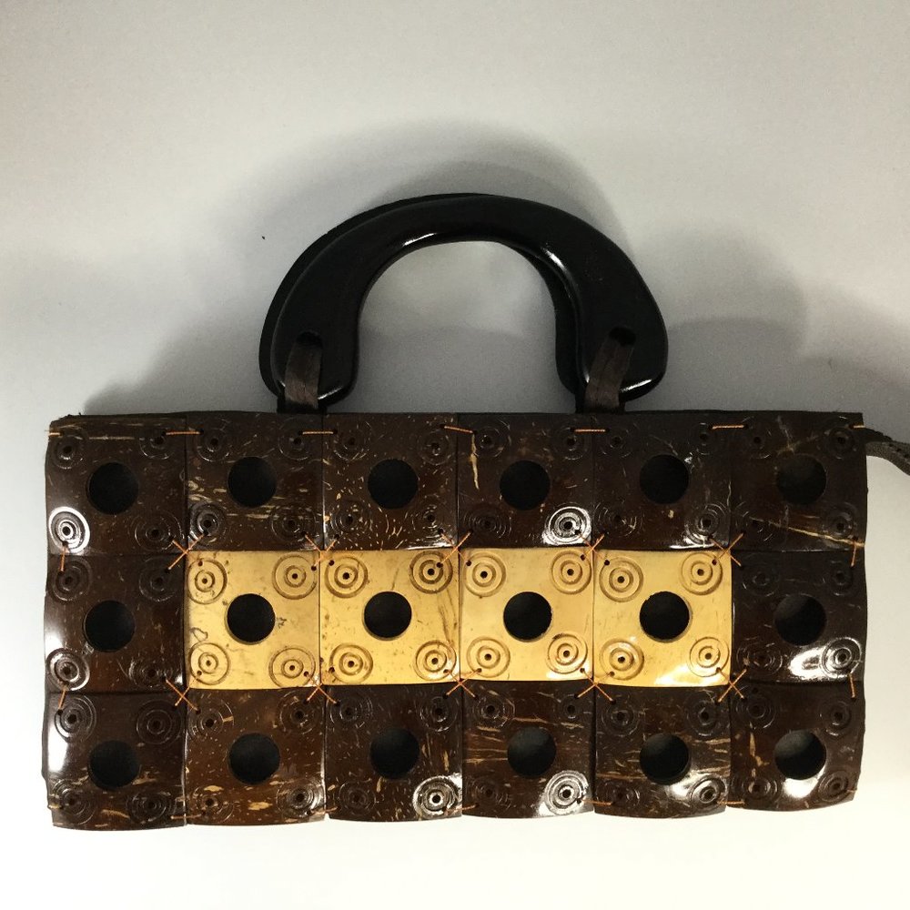Wnw Coconut Shell Woven Patchwork Purse Coconut
